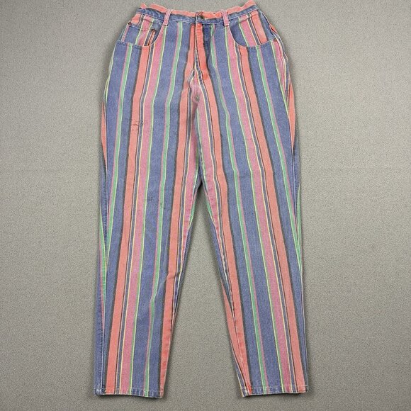Vintage 90s Denim Pants Womens Sz 11/12 Multicolor Stripe High Rise Mom Straight - Picture 1 of 9